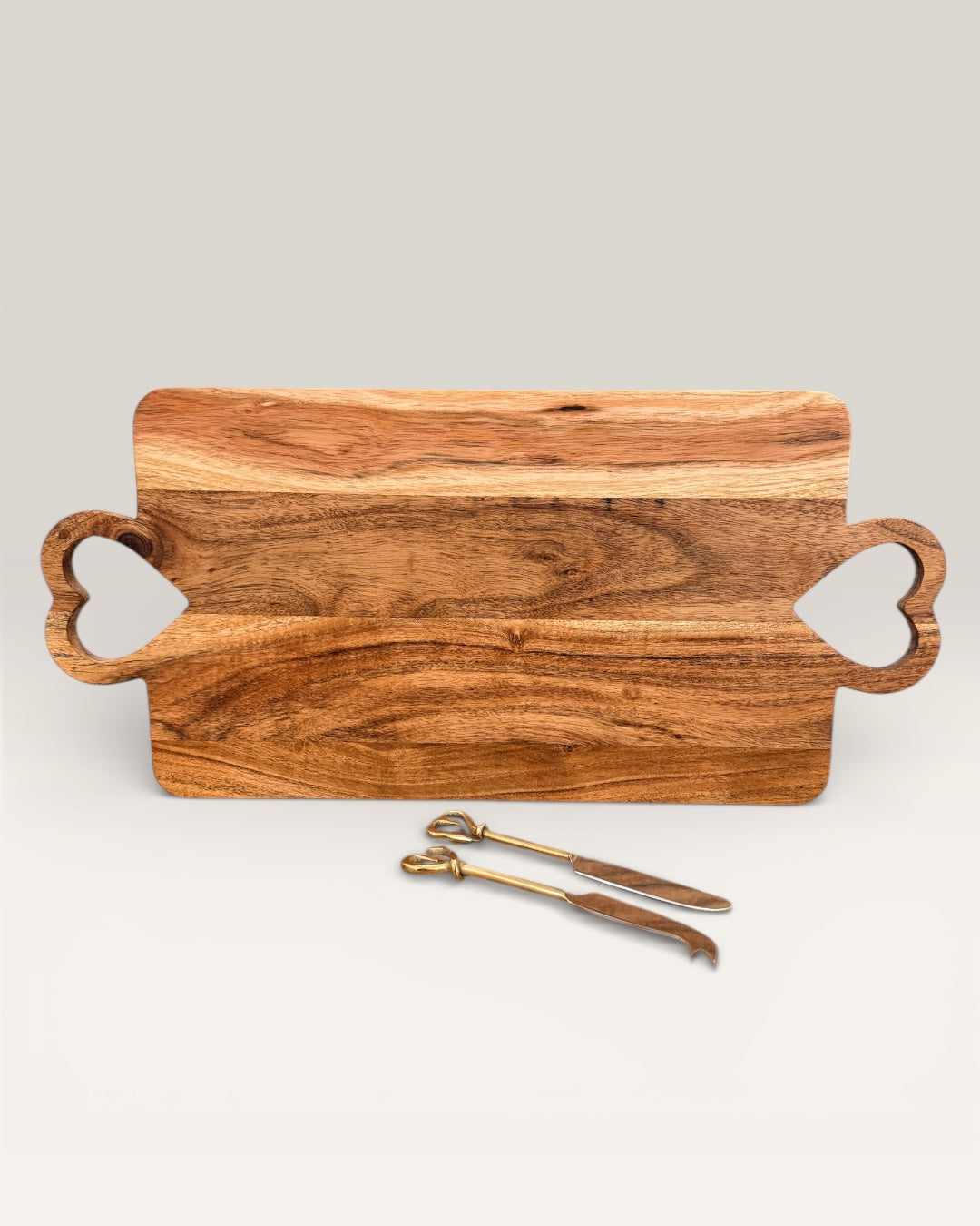 Limited Edition | Acacia Wood Cutting & Charcuterie Board | Heart Shaped Handles | Knife Set Included