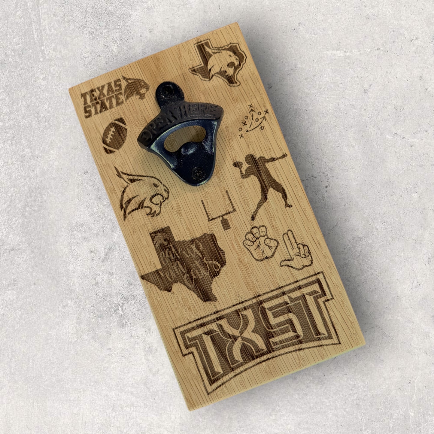 Solid Oak Bottle Opener Plaques | Wall-Mounted or Magnetic | Laser Engraved Sports Designs