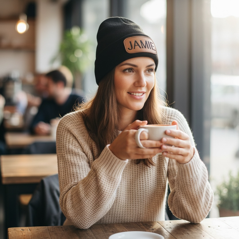 Personalized Leather Patch Beanies | One Size Fits Most Adults & Kids