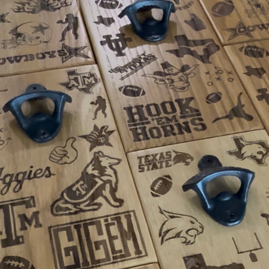 Solid Oak Bottle Opener Plaques | Wall-Mounted or Magnetic | Laser Engraved Sports Designs